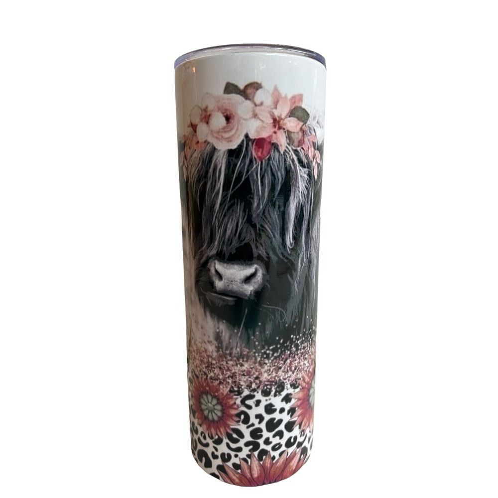 Skinny Tall Southern Highland Cow Tumbler 8" tall x 2.75" wide‎
